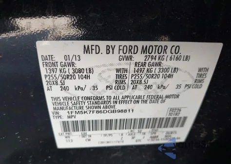 2013 Ford Explorer Limited z USA, uszkodzony, nr VIN 1FM5K7F86DGB98811